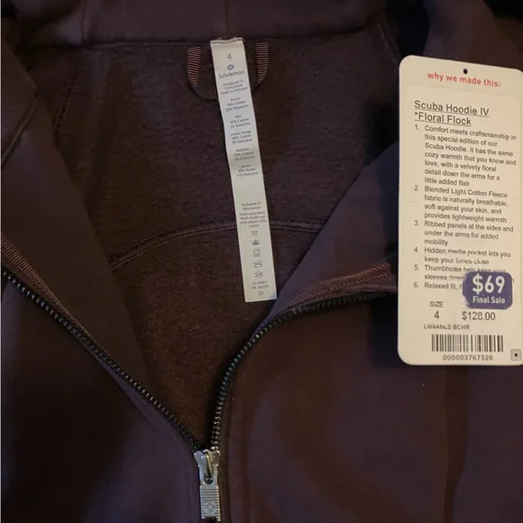 EUC Lululemon Scuba Hoodie IV *Floral Flock, Sz 4, BLACK CHERRY - Picture 6 of 10
